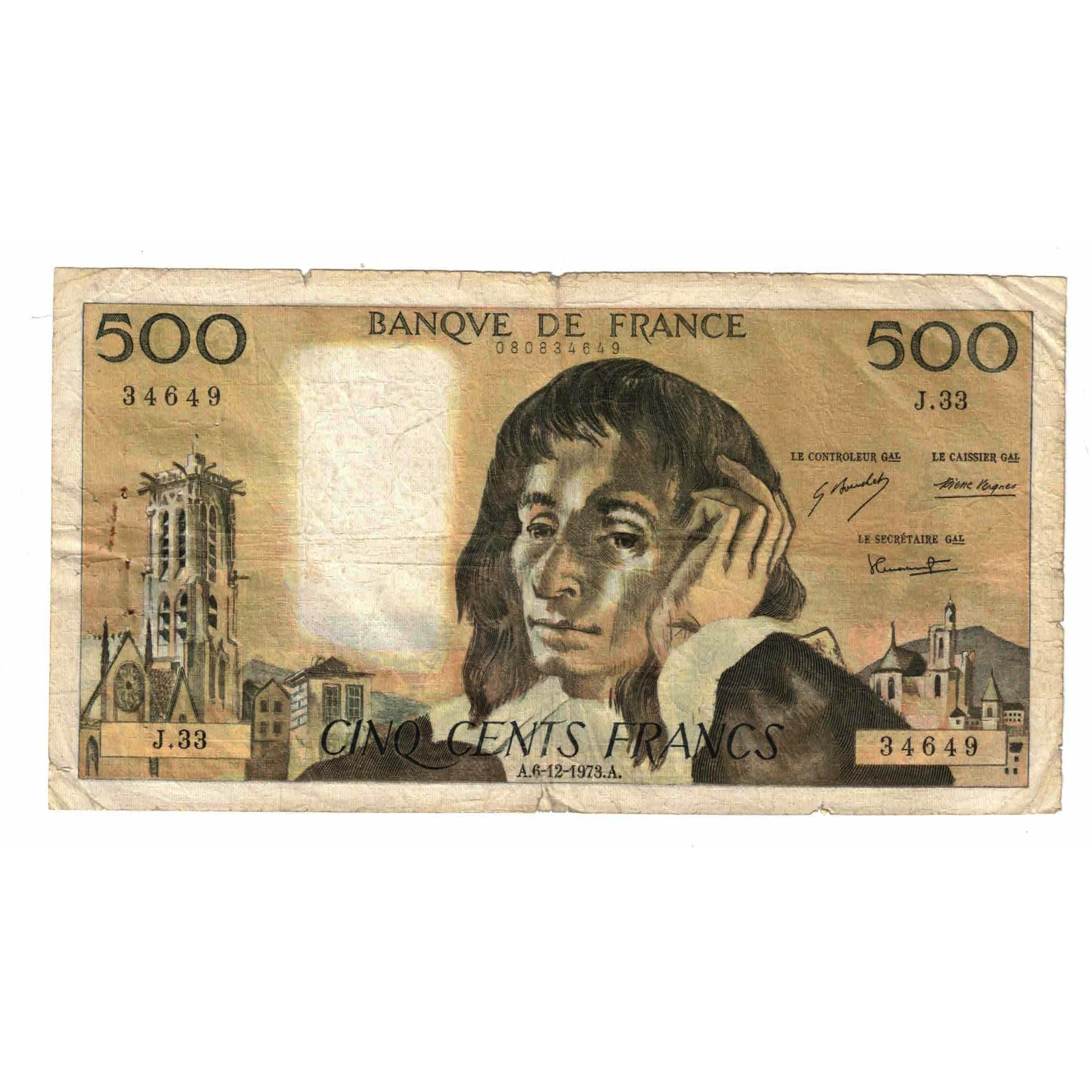 France, 500 Francs, Pascal, 1973, J.33, F(12-15), Fayette:71.10, KM:156b