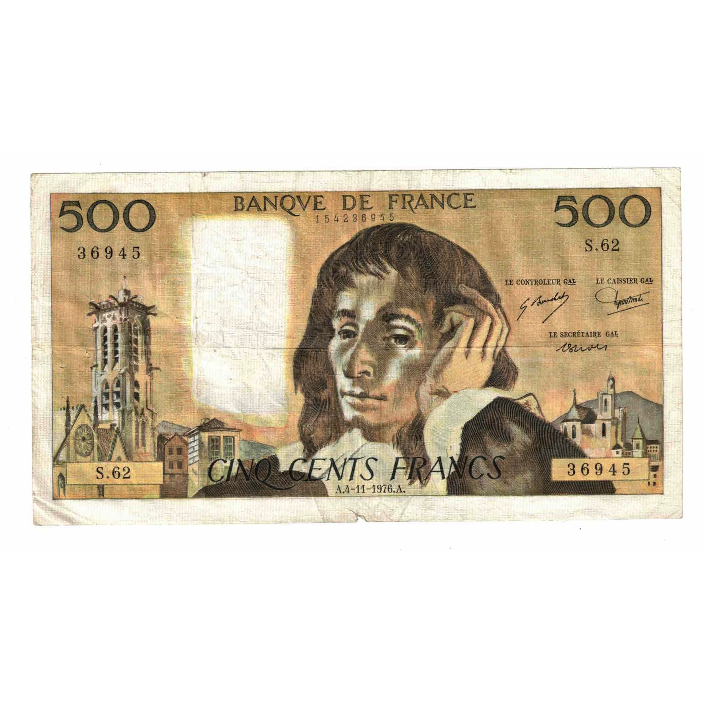 France, 500 Francs, Pascal, 1976, S.62, VF(20-25), Fayette:71.15, KM:156d