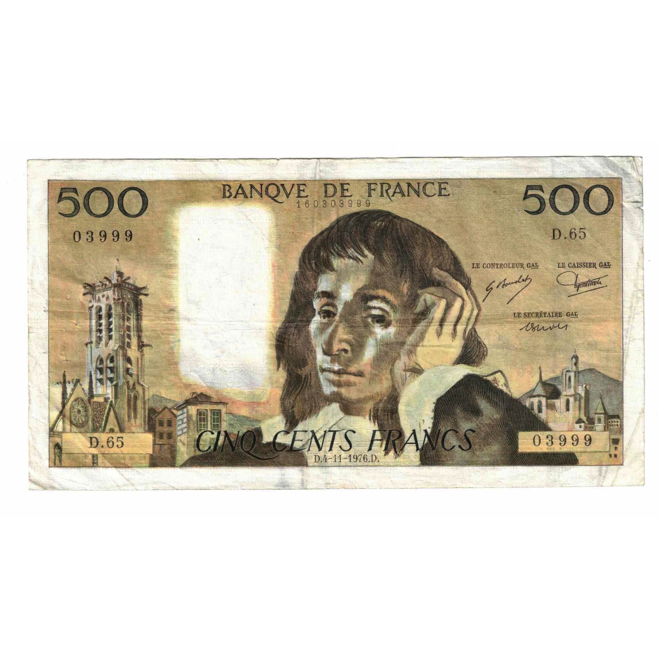 France, 500 Francs, Pascal, 1976, D.65, TB, Fayette:71.15, KM:156d