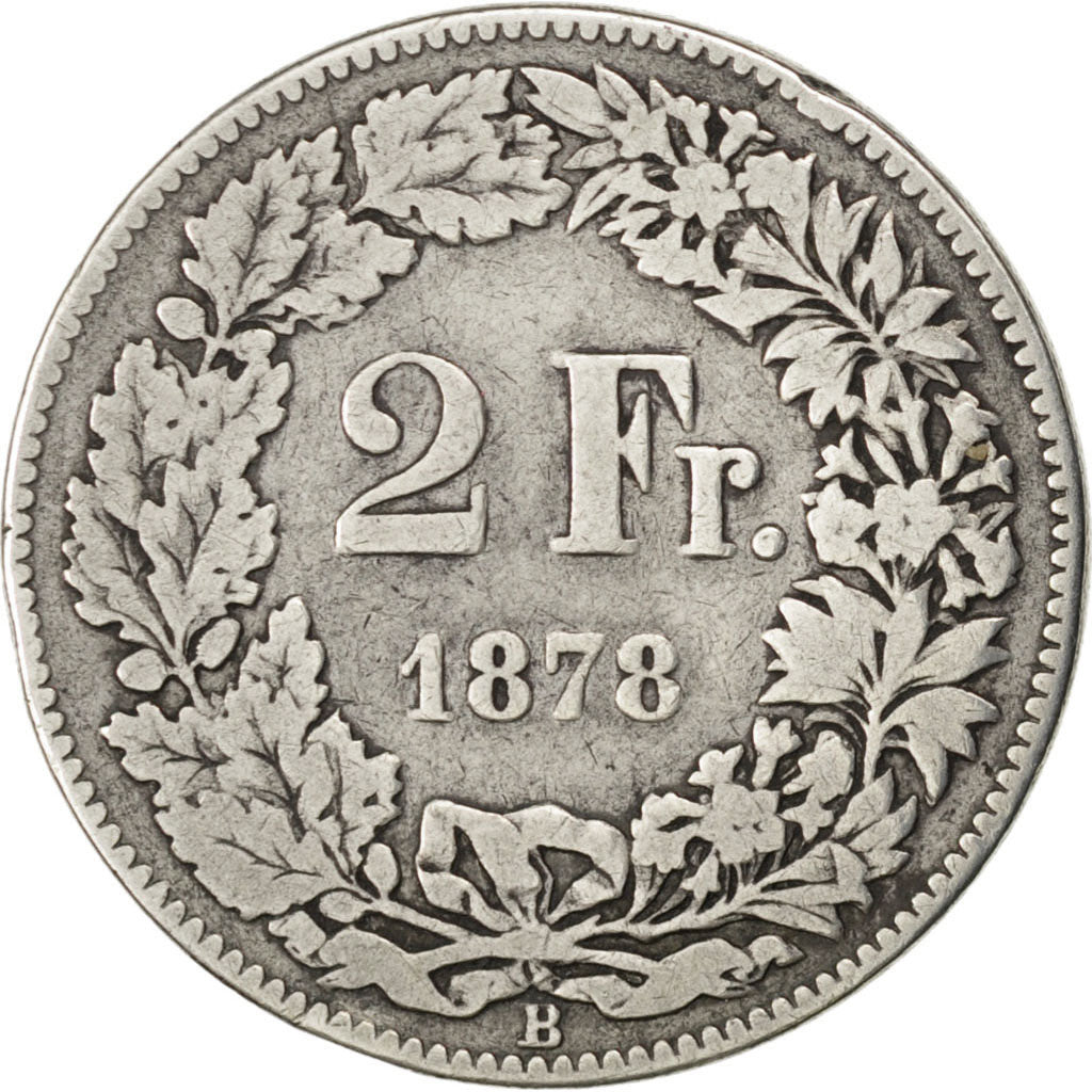 SWITZERLAND, 2 Francs, 1878, Bern, KM #21, VF(30-35), Silver, 27.4, 9.70