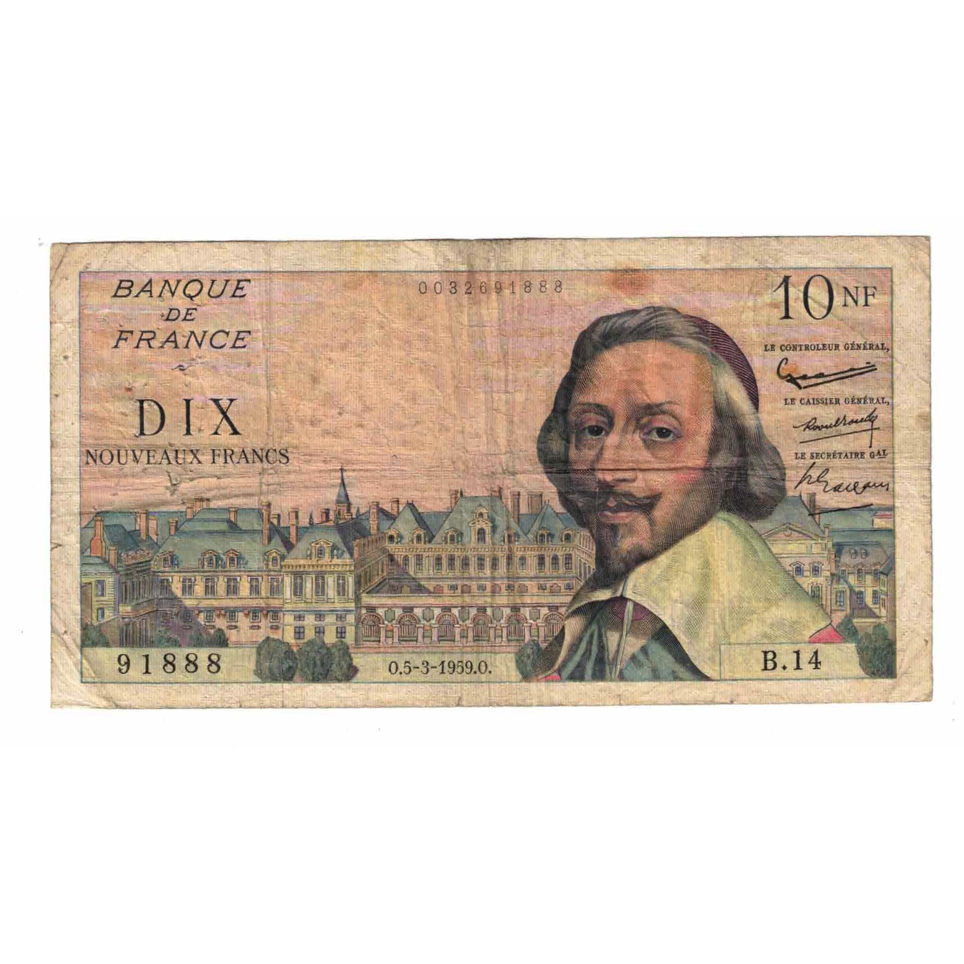 Francia, 10 Nouveaux Francs, Richelieu, 1959, B.14, MB, Fayette:57.1, KM:142a
