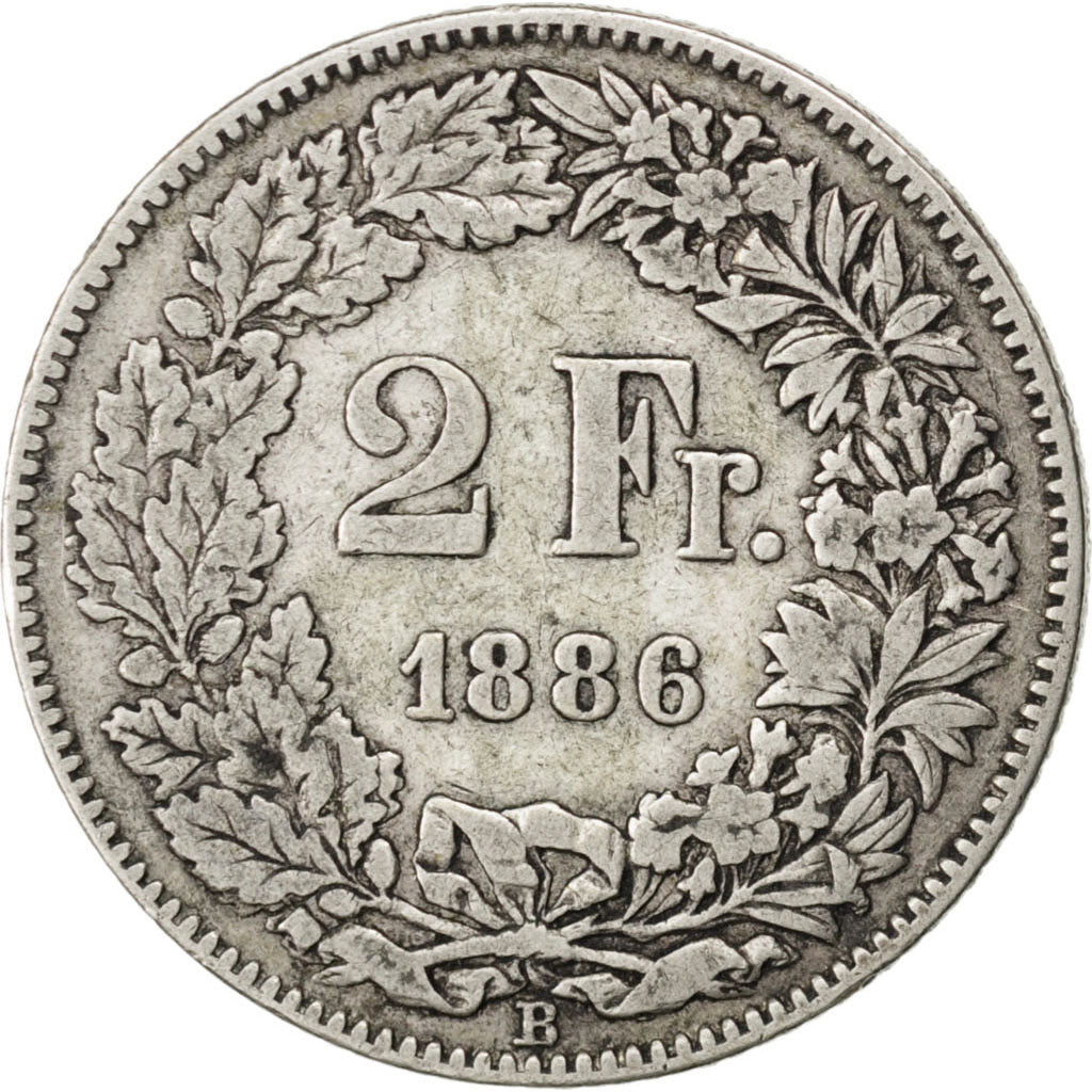 SWITZERLAND, 2 Francs, 1886, Bern, KM #21, VF(30-35), Silver, 27.4, 9.84