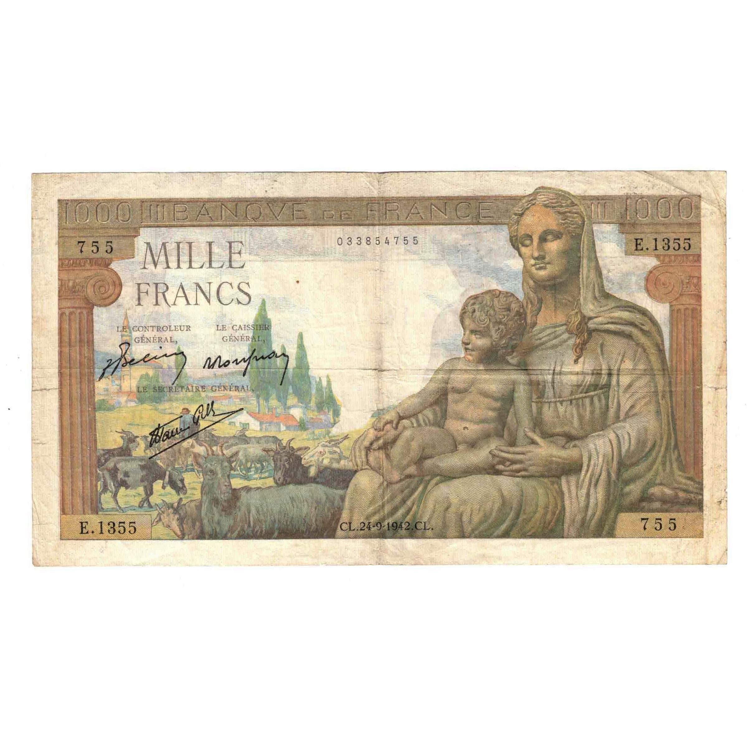 France, 1000 Francs, Déesse Déméter, 1942, E.1355, VF(20-25), Fayette:40.07