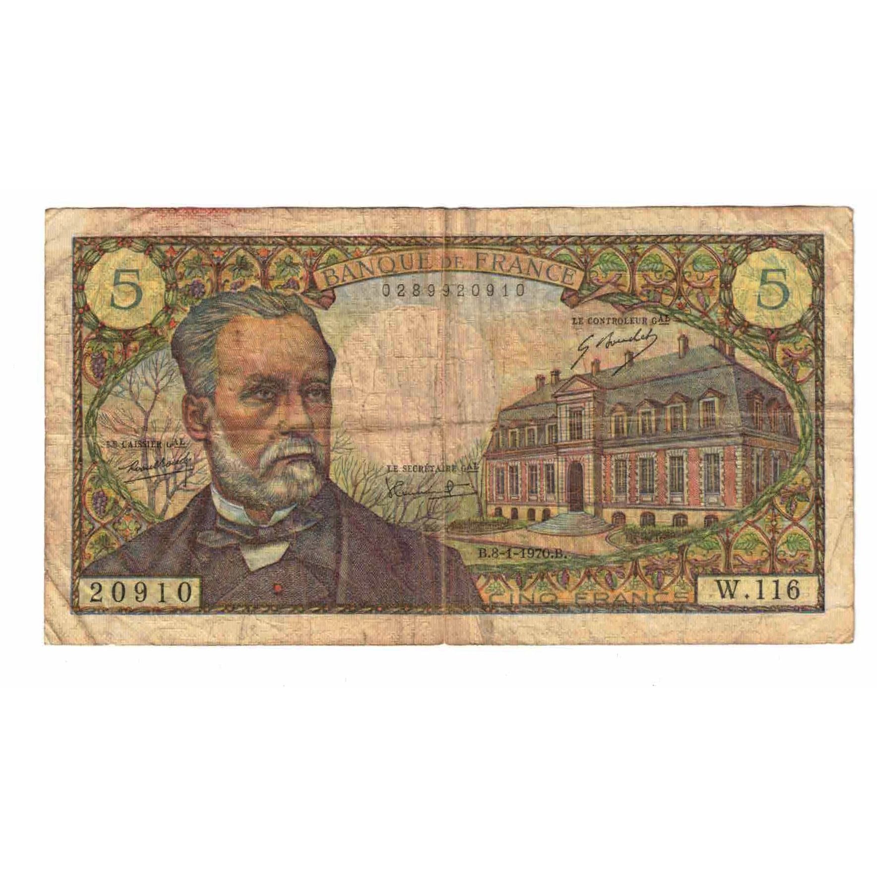 France, 5 Francs, Pasteur, 1970, W.116, VF(20-25), Fayette:61.12, KM:146b