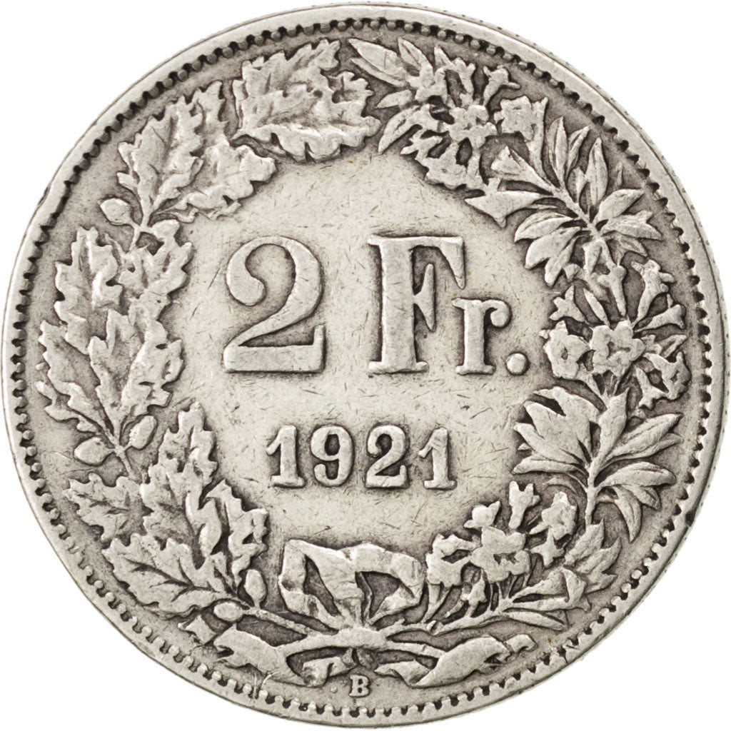 Coin, Switzerland, 2 Francs, 1921, Bern, EF(40-45), Silver, KM:21