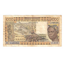 Banknote, West African States, 1000 Francs, 1988, KM:406Da, VF(20-25)