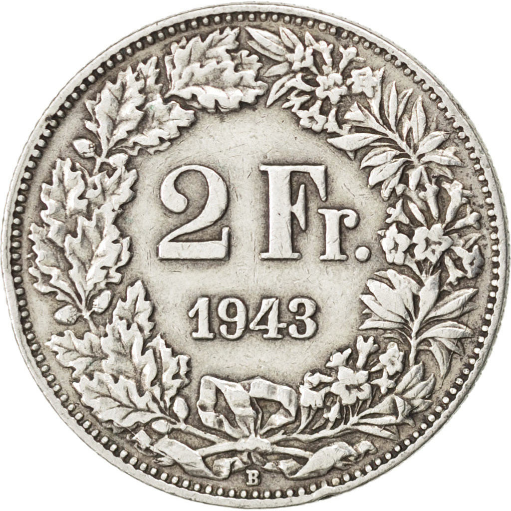 SWITZERLAND, 2 Francs, 1943, Bern, KM #21, EF(40-45), Silver, 27.4, 9.97