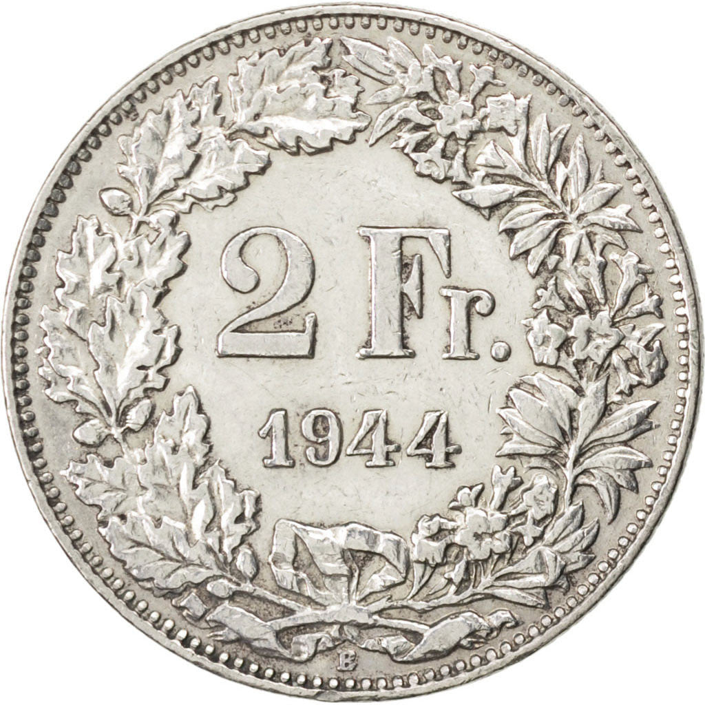 SWITZERLAND, 2 Francs, 1944, Bern, KM #21, EF(40-45), Silver, 27.4, 9.99