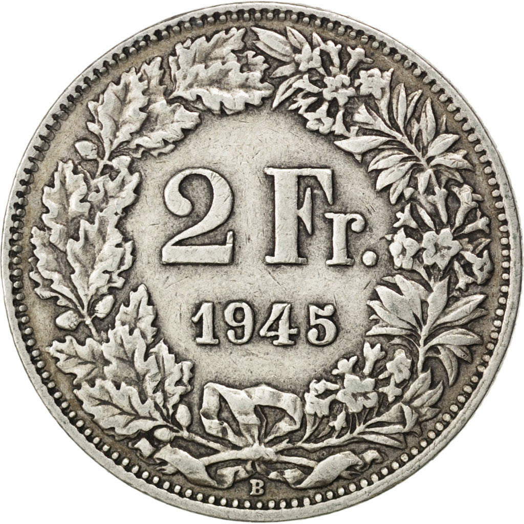 SWITZERLAND, 2 Francs, 1945, Bern, KM #21, EF(40-45), Silver, 27.4, 10.03