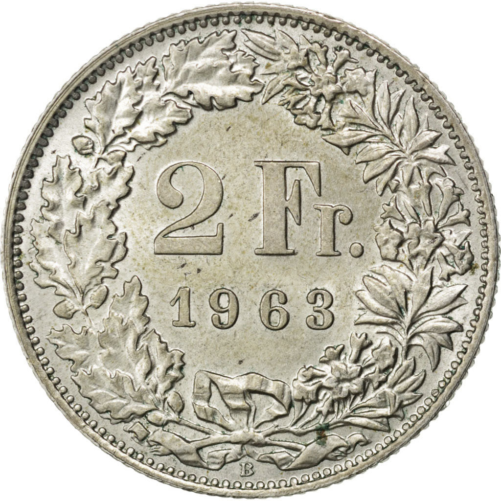 SWITZERLAND, 2 Francs, 1963, Bern, KM #21, MS(63), Silver, 27.4, 10.07
