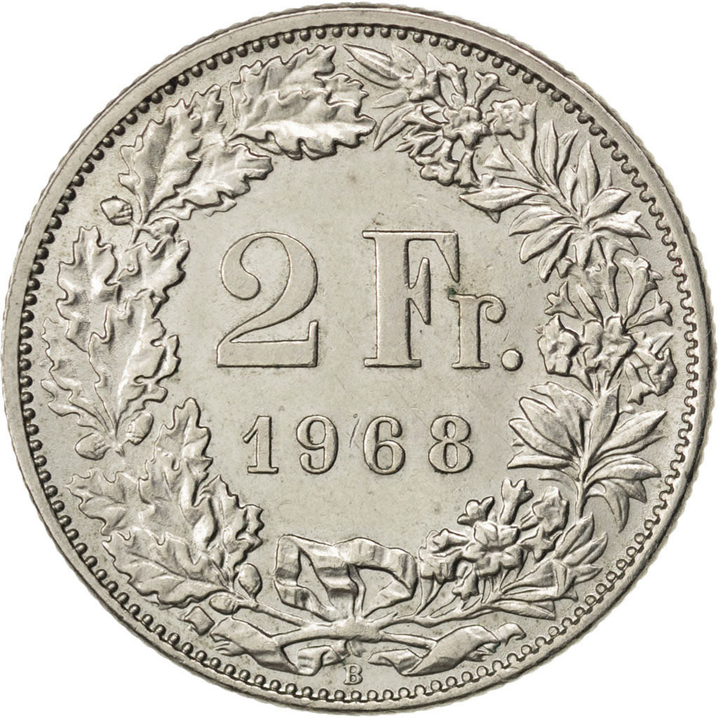 SWITZERLAND, 2 Francs, 1968, Bern, KM #21a.1, MS(63), Copper-Nickel, 27.4, 8.88