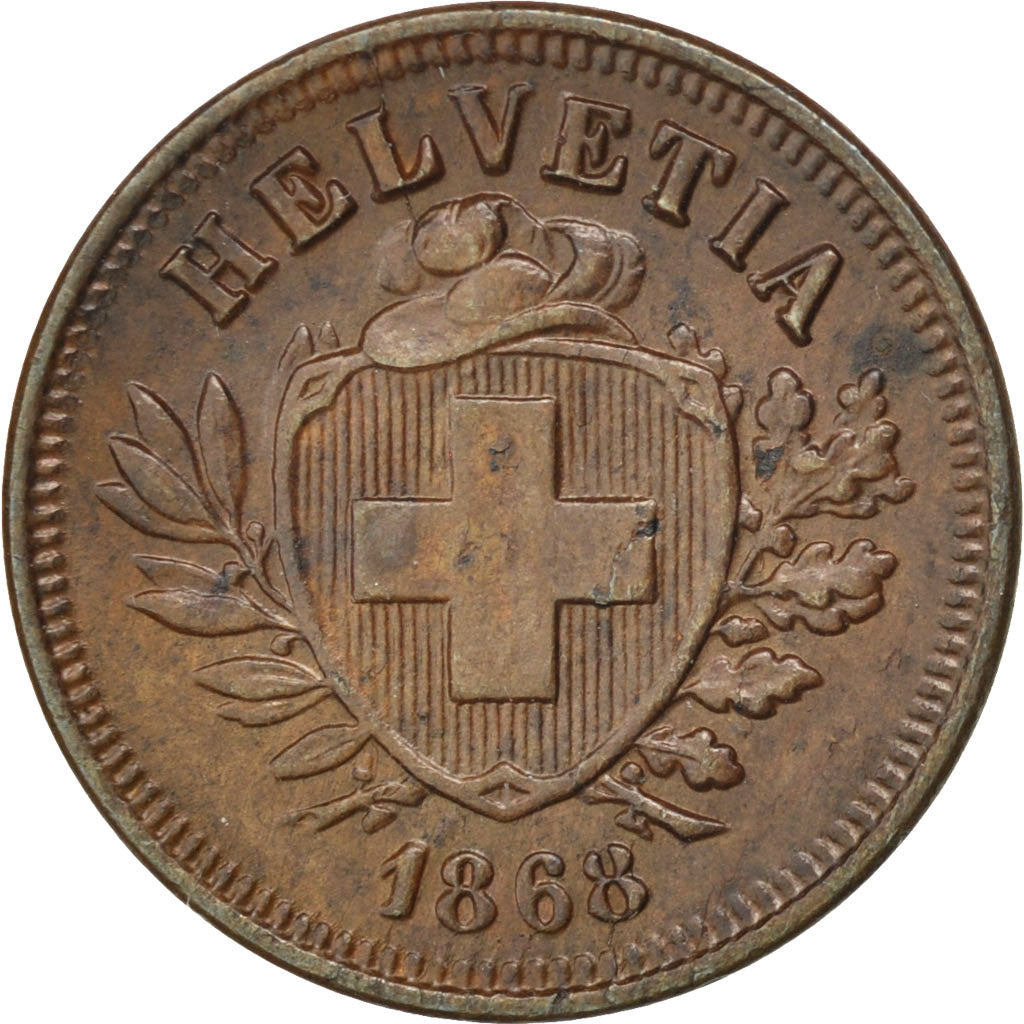 SWITZERLAND, Rappen, 1868, Bern, KM #3.1, AU(55-58), Bronze, 1.44