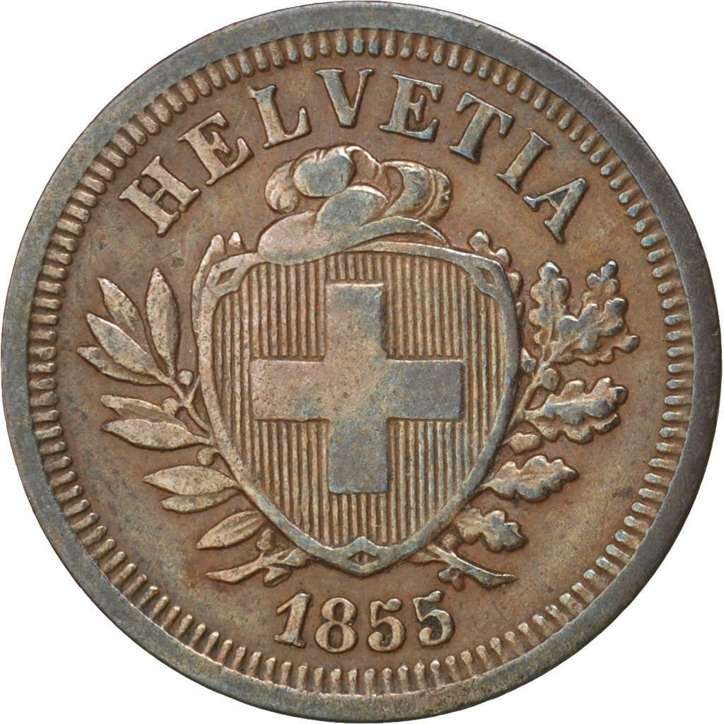SWITZERLAND, Rappen, 1855, Bern, KM #3.1, AU(50-53), Bronze, 1.47