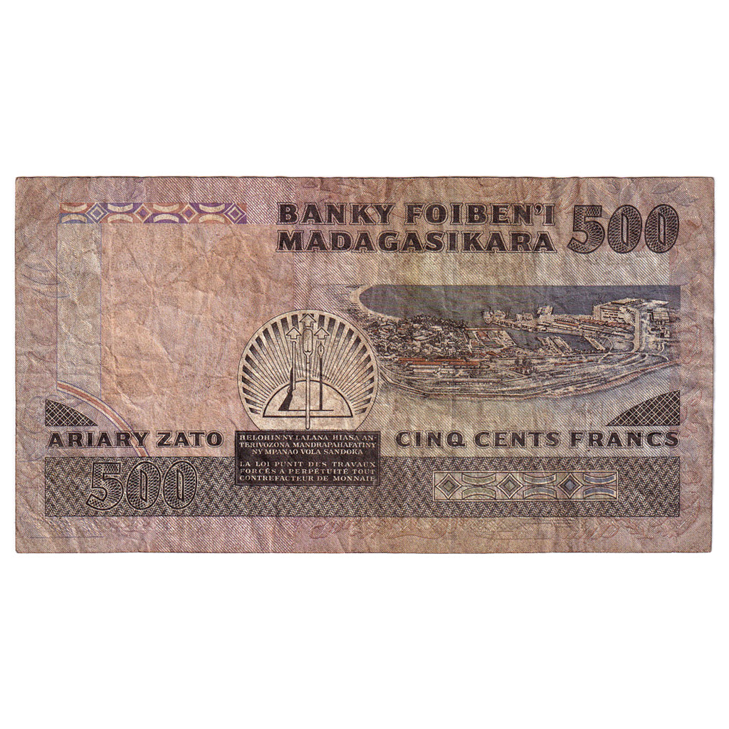 Banknote, Madagascar, 500 Francs = 100 Ariary, 1989-1994, KM:71b, VG(8-10)