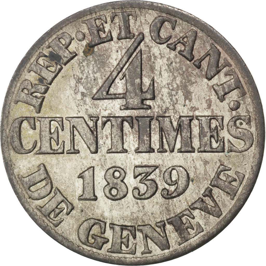 Coin, SWISS CANTONS, GENEVA, 4 Centimes, 1839, AU(55-58), Billon, KM:127