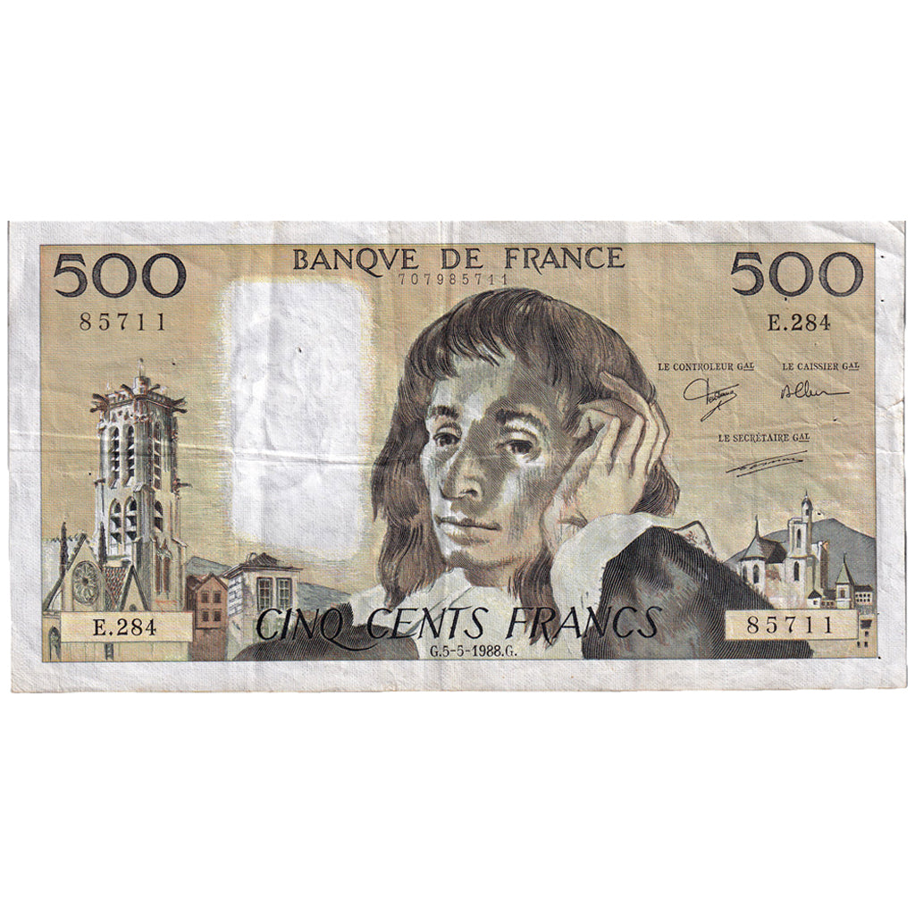 France, 500 Francs, Pascal, 1988, E.284, EF(40-45), Fayette:71.39, KM:156g