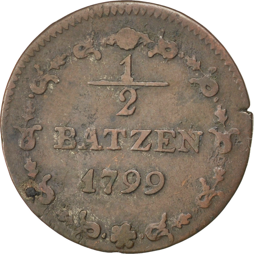 Coin, Switzerland, 1/2 Batzen, 1799, VF(30-35), Billon, KM:A6