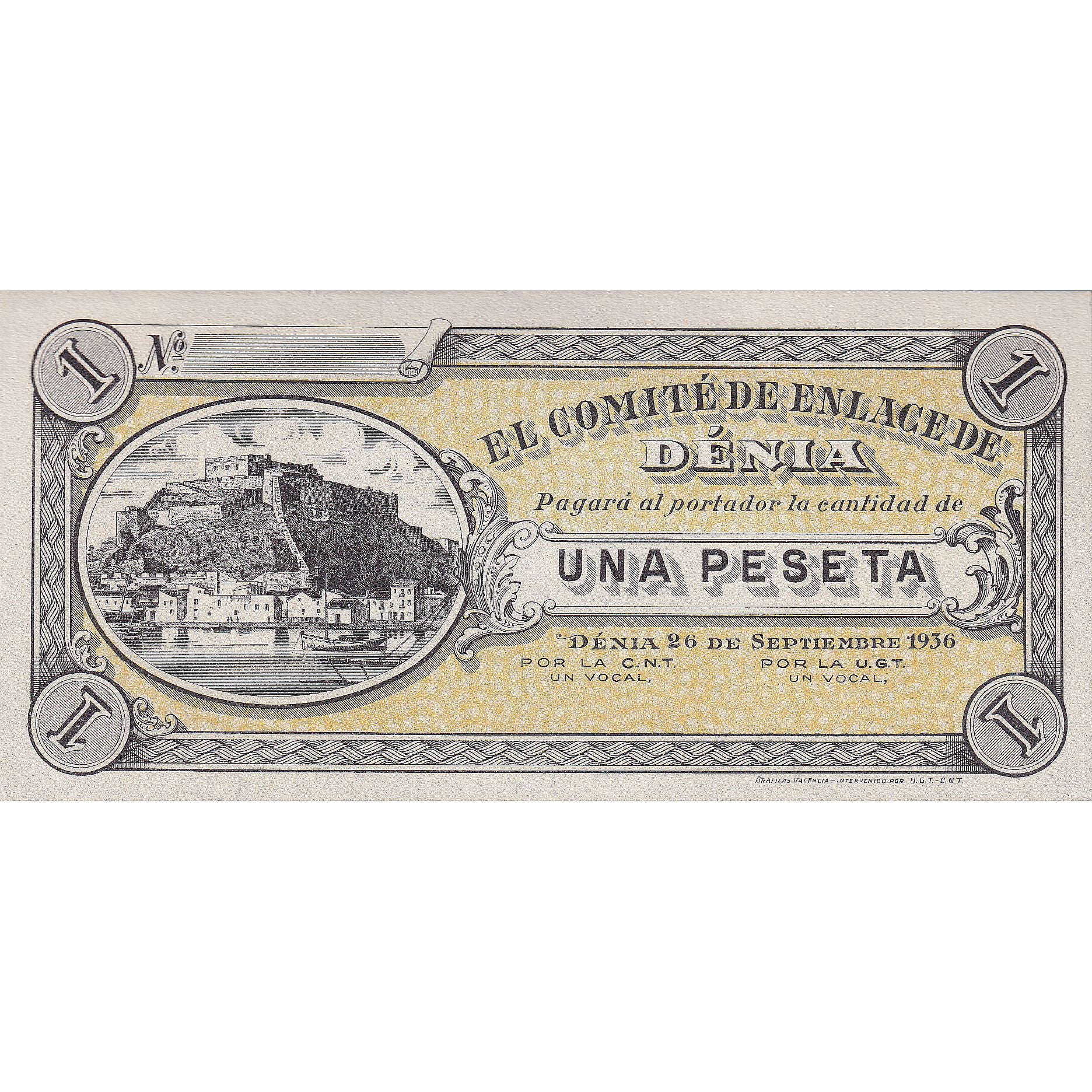 Billete, España, 1 Peseta, Denia, 1936, 1936-09-26, UNC