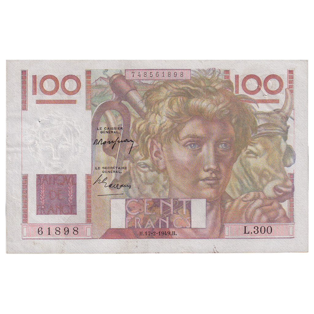 France, 100 Francs, Jeune Paysan, 1949, L.300, EF(40-45), Fayette:28.22, KM:128b