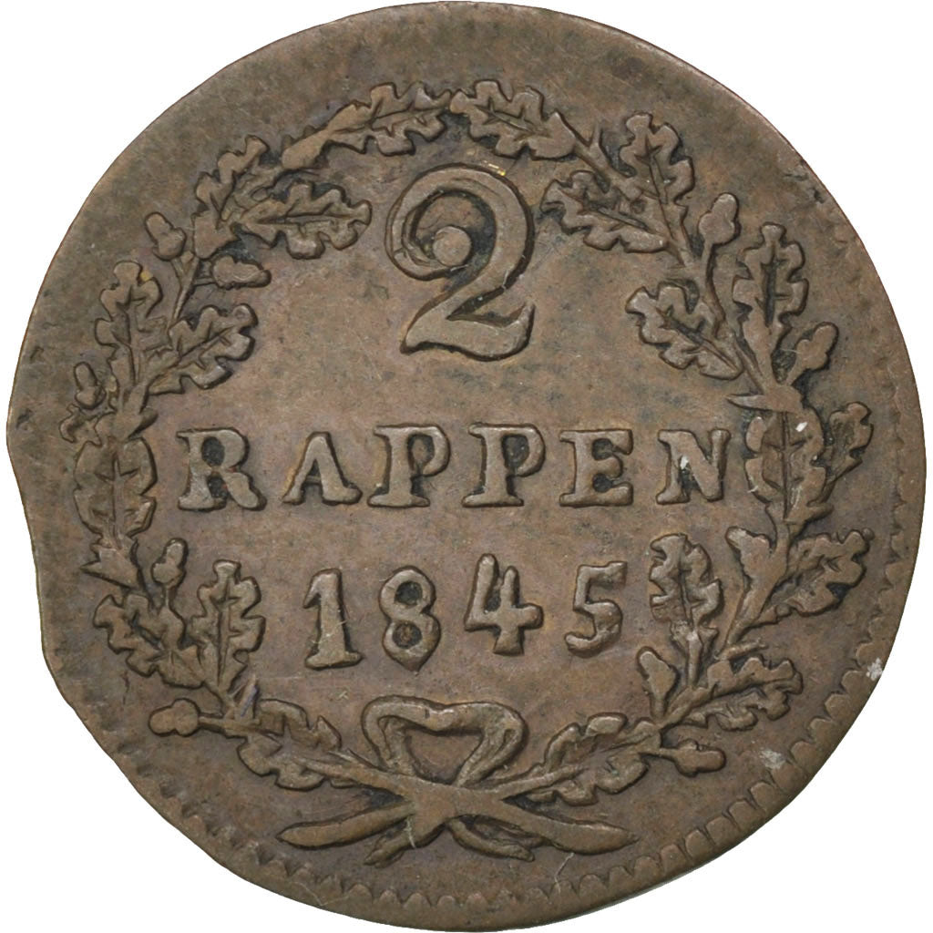 SWISS CANTONS, 2 Rappen, 1845, KM #62, AU(50-53), Billon, 1.17