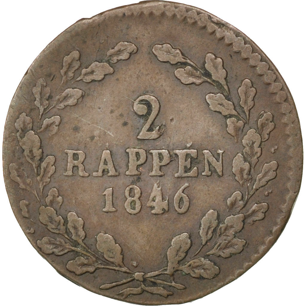 SWISS CANTONS, 2 Rappen, 1846, KM #62, EF(40-45), Billon, 1.15