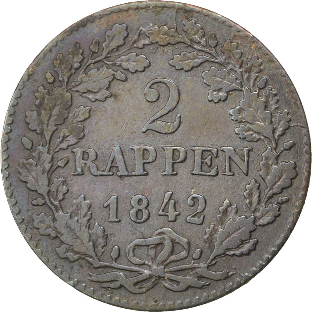 SWISS CANTONS, 2 Rappen, 1842, KM #195, EF(40-45), Billon, 1.30