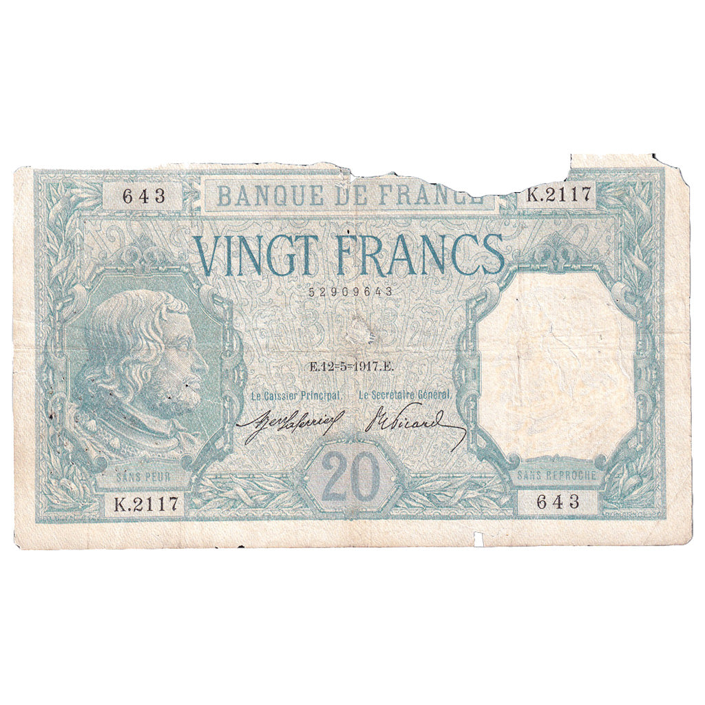 Francia, 20 Francs, Bayard, 1917, K.2117, MC, Fayette:11.2, KM:74