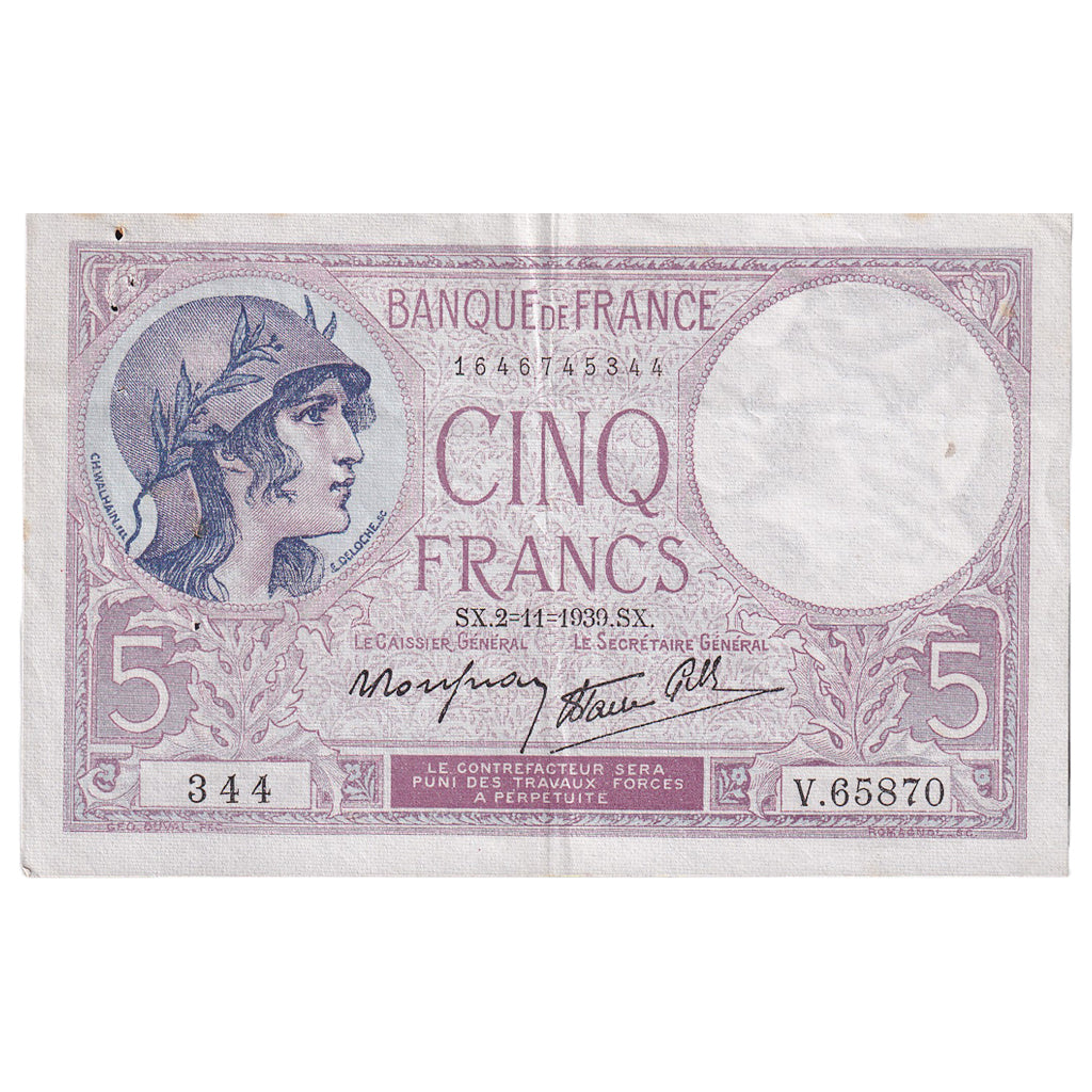 França, 5 Francs, Violet, 1939, V.65870, EF(40-45), Fayette:04.14, KM:83