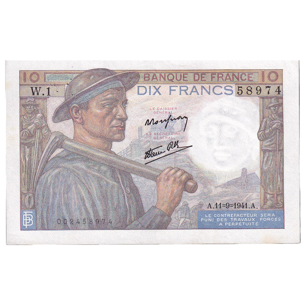France, 10 Francs, Mineur, 1941, W.1, PREMIER ALPHABET, AU(50-53)