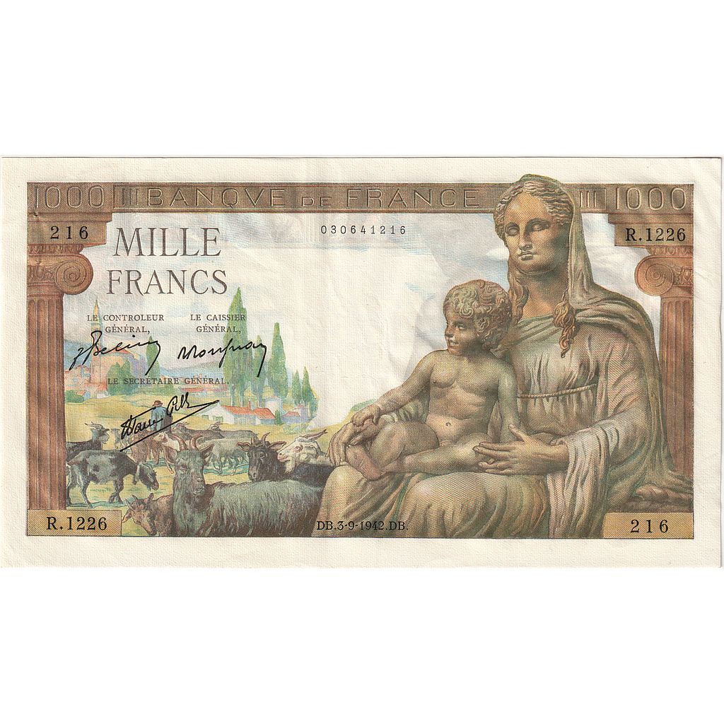 Francia, 1000 Francs, Déesse Déméter, 1942, R.1226, MBC+, Fayette:40.6