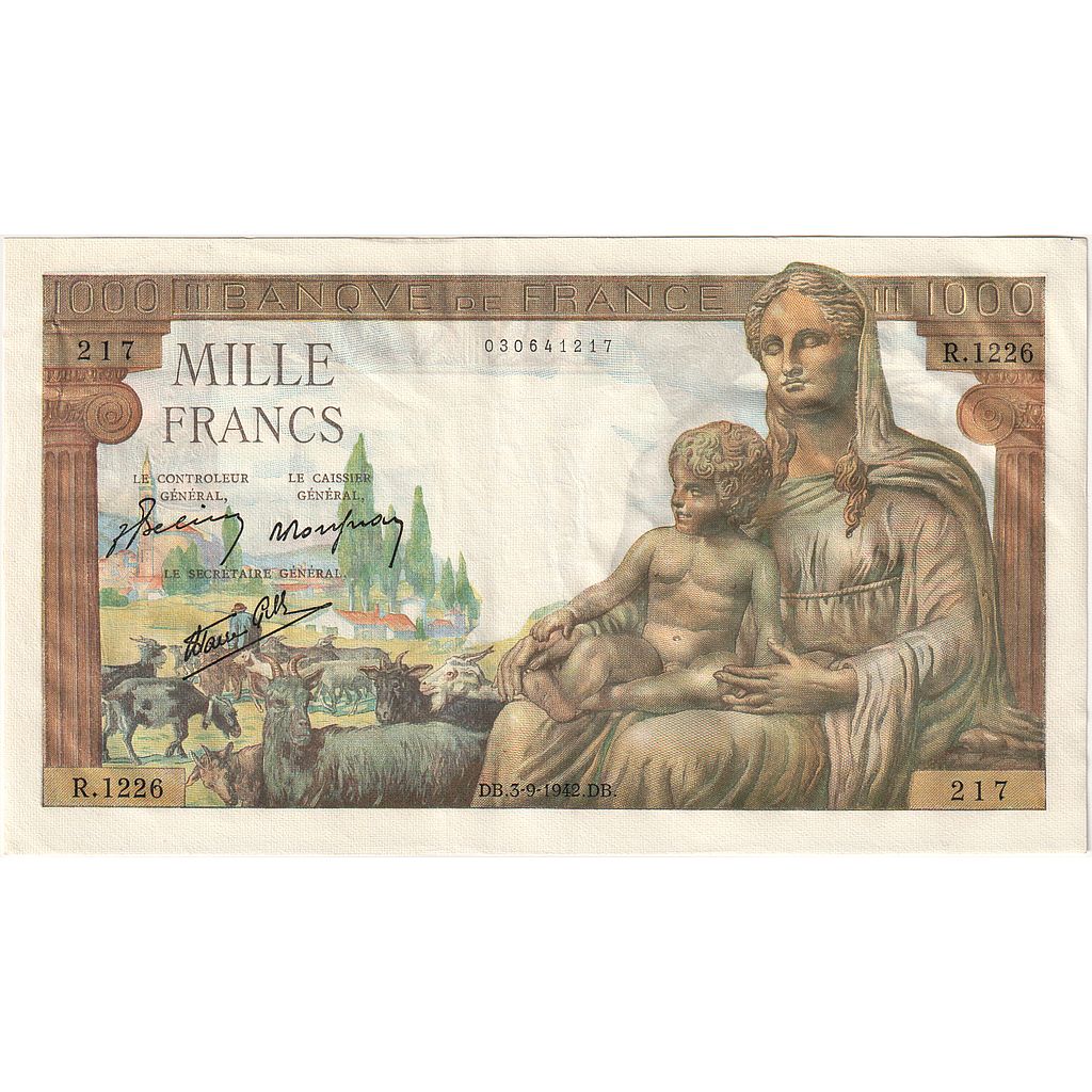 Frankrijk, 1000 Francs, Déesse Déméter, 1942, R.1226, TTB+, Fayette:40.6