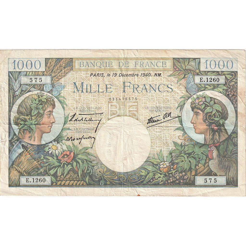 France, 1000 Francs, Commerce et Industrie, 1940, E.1260, VF(30-35)
