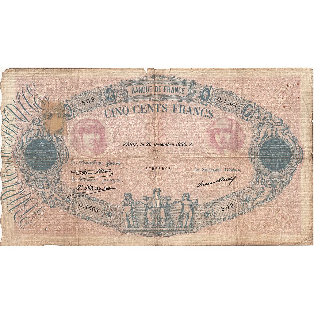 Frankreich, 500 Francs, Bleu et Rose, 1930, Q.1503, GE, Fayette:30.33, KM:66l