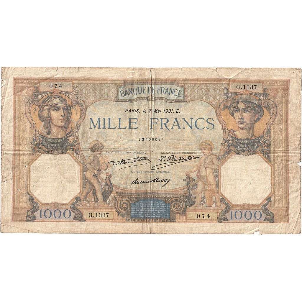 Francia, 1000 Francs, Cérès et Mercure, 1931, G.1337, B+, Fayette:37.06