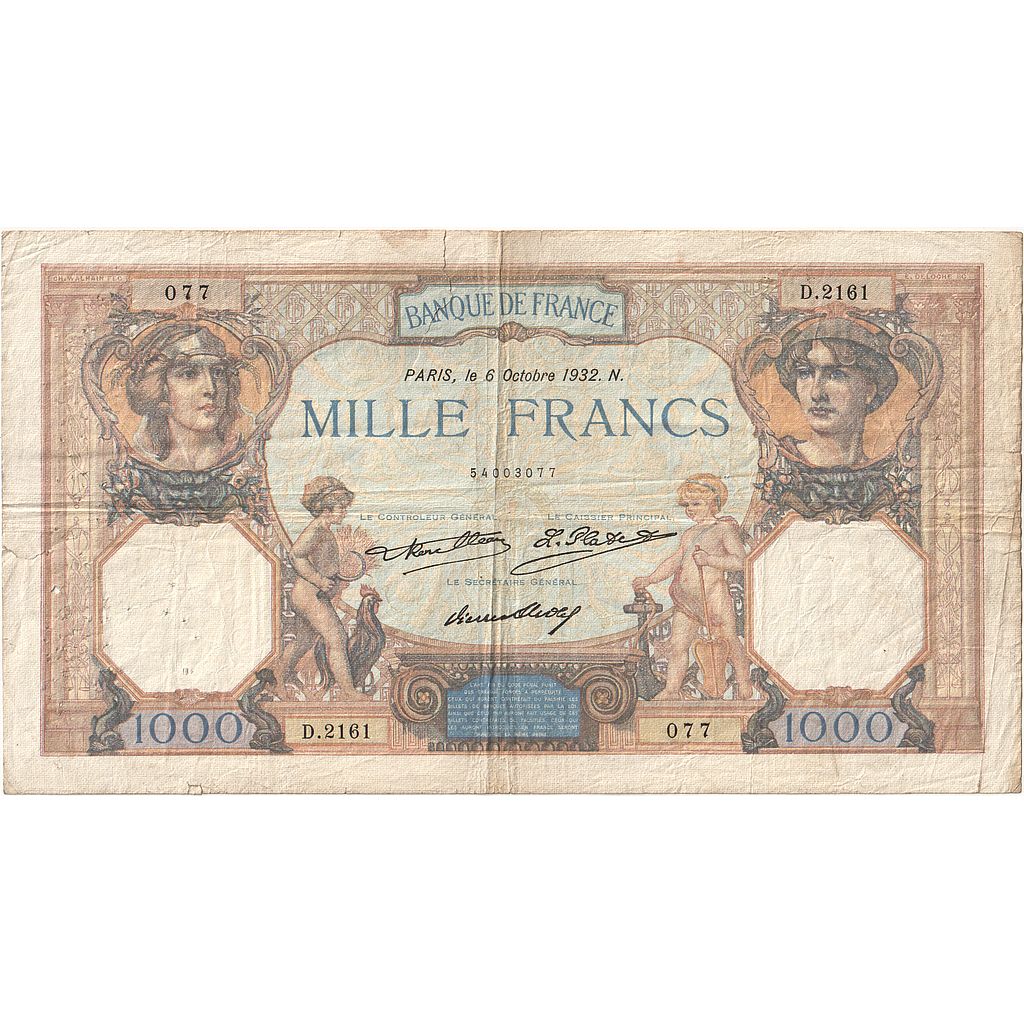 France, 1000 Francs, Cérès et Mercure, 1932, D.2161, B, Fayette:37.07, KM:79b