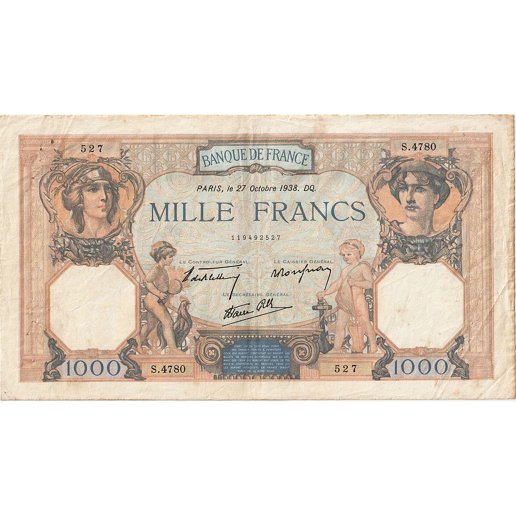 Francja, 1000 Francs, Cérès et Mercure, 1938, S.4780, AU(50-53)