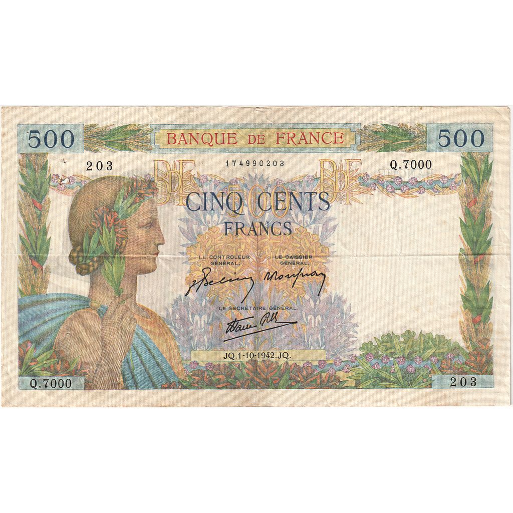 France, 500 Francs, La Paix, 1942, Q.7000, EF(40-45), Fayette:32.41, KM:95b