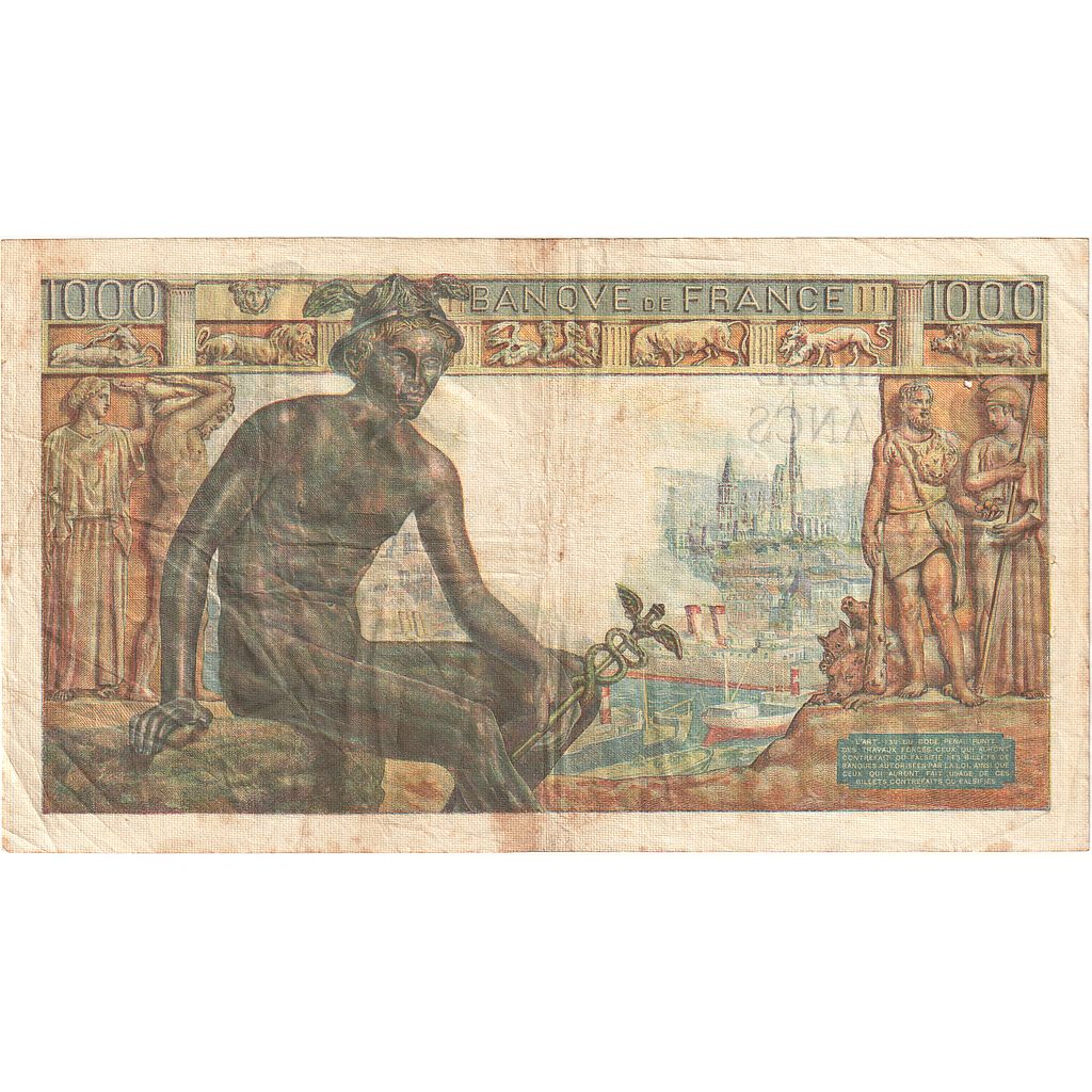 France, 1000 Francs, Déesse Déméter, 1943, T.2654, EF(40-45), Fayette:40.15