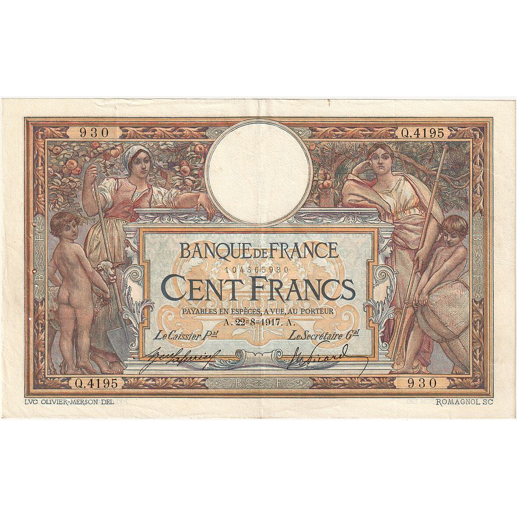 Francia, 100 Francs, Luc Olivier Merson, 1917, Q.4195, BB, Fayette:23.09, KM:71a