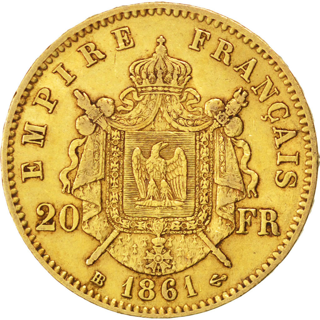 FRANCE, Napoléon III, 20 Francs, 1861, Strasbourg, KM #801.2, EF(40-45), Gold, G