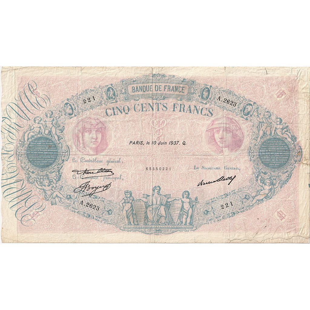 France, 500 Francs, Bleu et Rose, 1937, A.2623, B+, Fayette:30.38, KM:66m