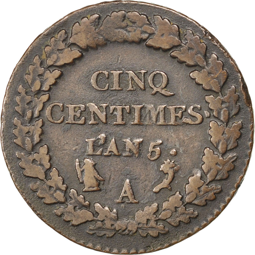 FRANCE, Dupré, 5 Centimes, 1796, Paris, KM #635.1, VF(30-35), Bronze, 23, Gadour