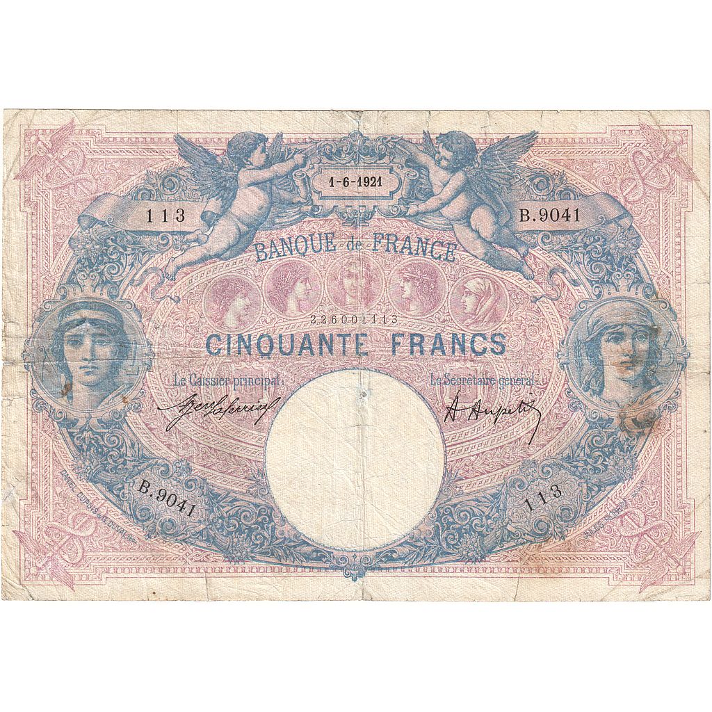 Francja, 50 Francs, Bleu et Rose, 1921, B.9041, VG(8-10), Fayette:14.34, KM:64f