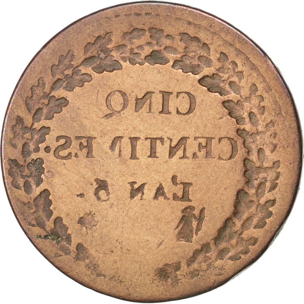Directoire, 5 Centimes Dupré, L'An 5 A, Paris, frappe incuse à l'avers, Gadoury 