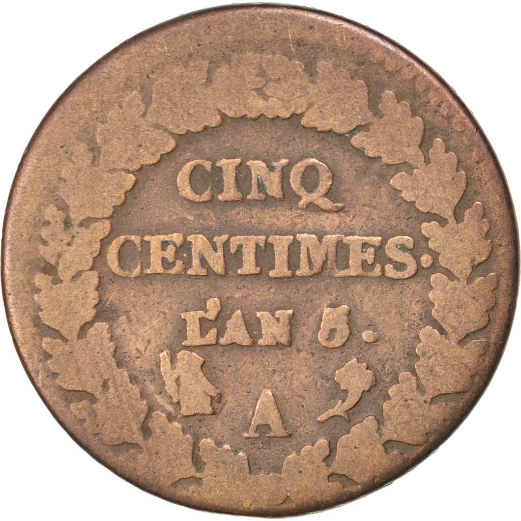 Directoire, 5 Centimes Dupré, L'An 5 A, Paris, frappe incuse à l'avers, Gadoury 