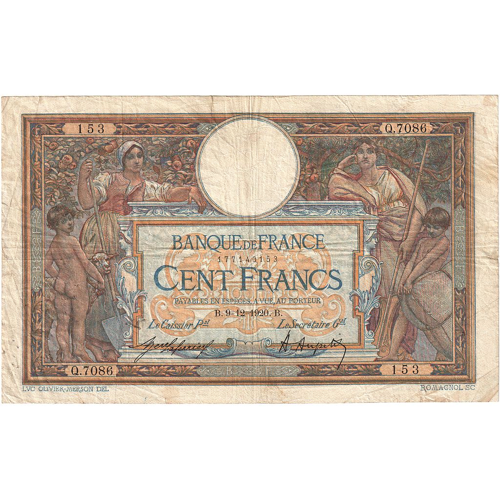 Francia, 100 Francs, Luc Olivier Merson, 1920, Q.7086, MB, Fayette:23.13, KM:71b