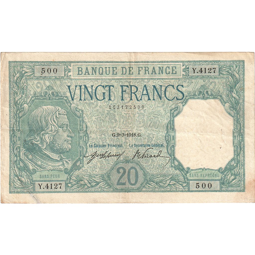 France, 20 Francs, Bayard, 1918, Y.4127, VF(20-25), Fayette:11.3, KM:74