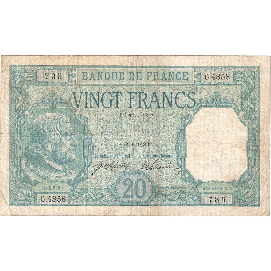 Francia, 20 Francs, Bayard, 1918, C.4858, MB, Fayette:11.3, KM:74