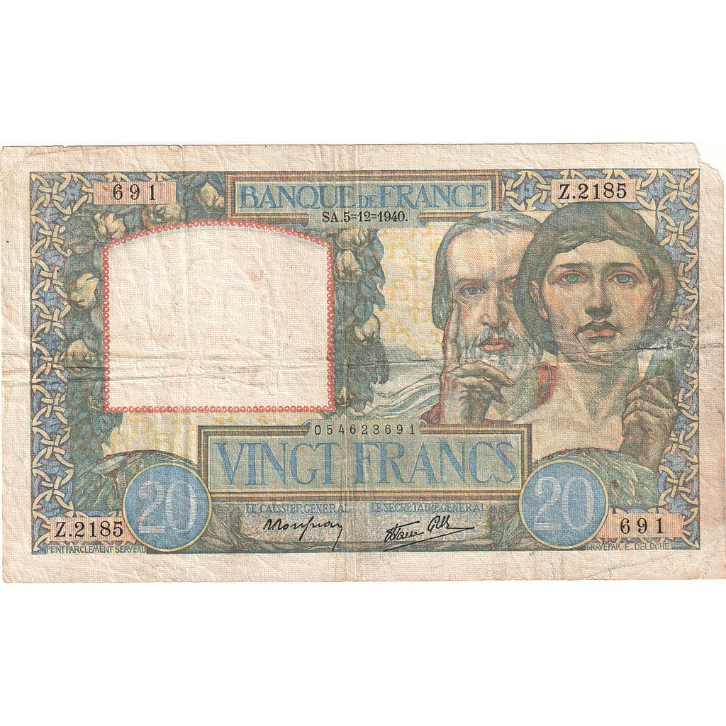 Frankreich, 20 Francs, Science et Travail, 1940, Z.2185, SGE+, Fayette:12.10