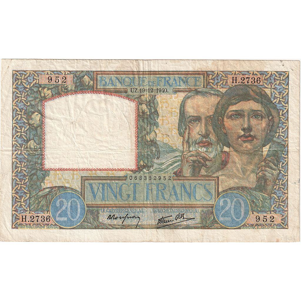 France, 20 Francs, Science et Travail, 1940, H.2736, VF(20-25), Fayette:12.11